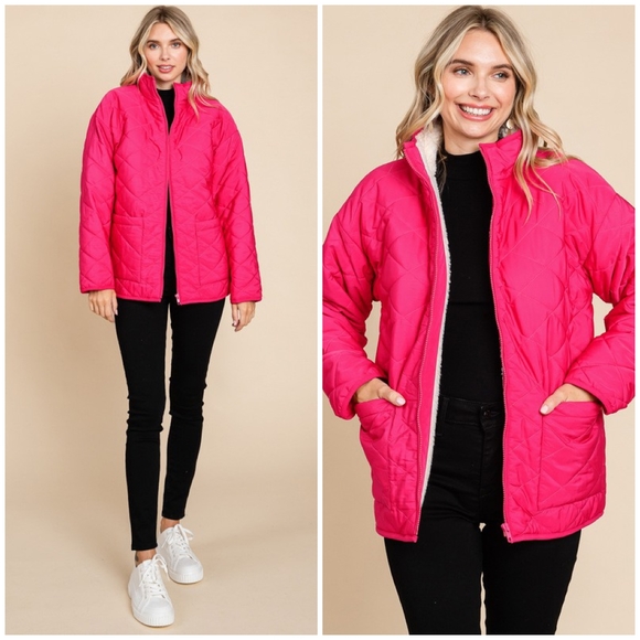 JODIFL Hot Pink Sherpa Lined Quilted Jacket - Picture 6 of 6